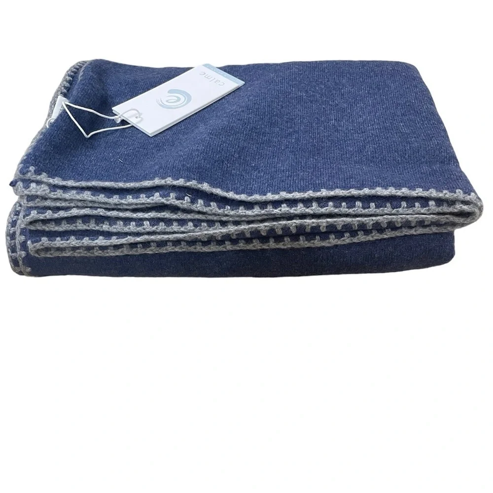 JOHNNY WAS Calme Navy Whipstitch Cashmere throw blanket